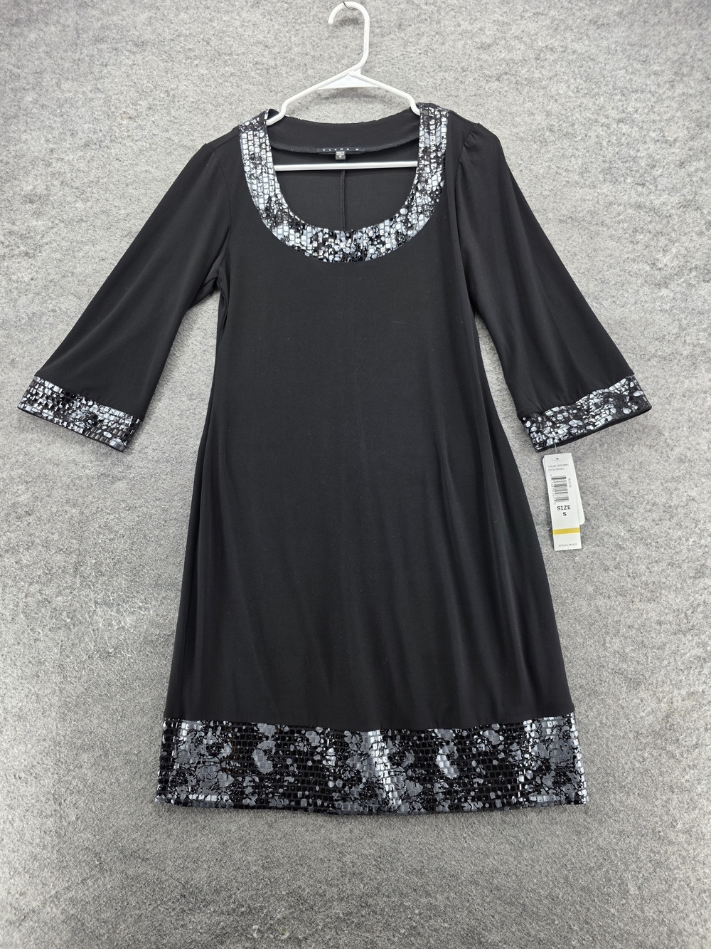 Tiana B Dress Womens Small Black Silver Sequin Trim 3/4 Sleeve A-Line Party